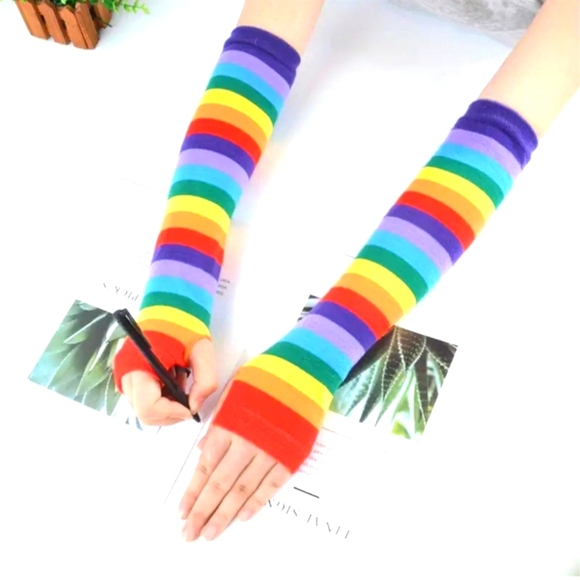 Rainbow fingerless gloves sleeves thumb hole multicolor accessory - Picture 1 of 6